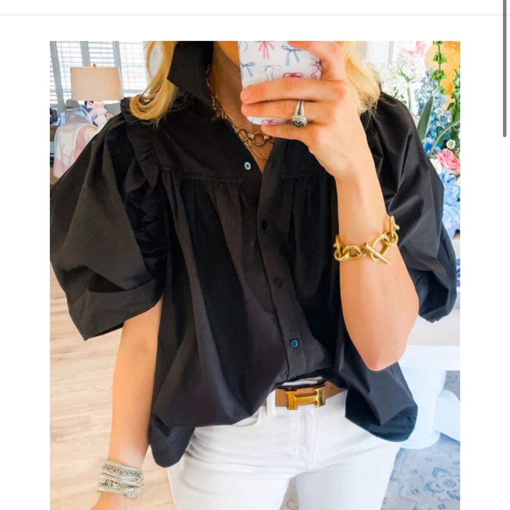 Black Puff Sleeve Button-Front Women's Top